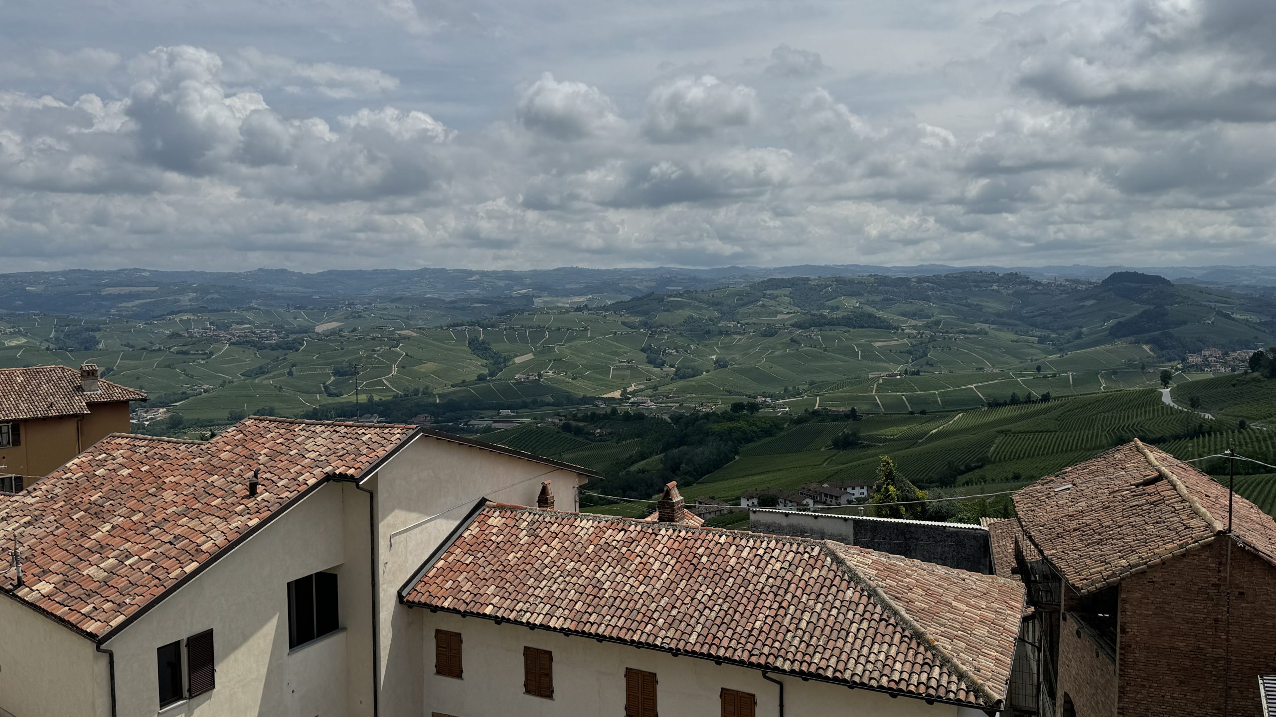 Wide view across tiled rooftops and vineyard-covered hills in the Langhe region of Piedmont.