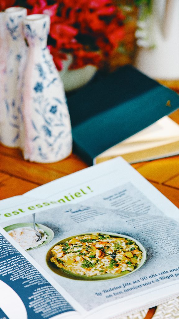 Open French food magazine Régal showing the chicken, zucchini and ricotta risotto recipe that inspired this dish.