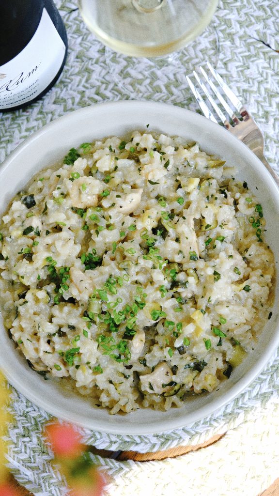 Creamy chicken and zucchini risotto finished with ricotta, herbs and freshly ground black pepper.