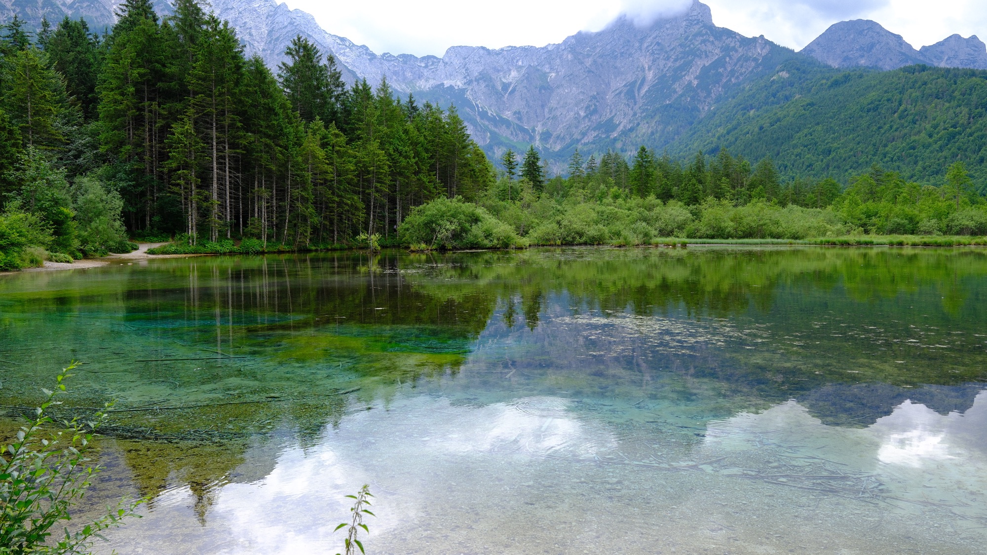 Clouds and the Totes Gebirge reflected in Almsee’s glass-clear shallows.