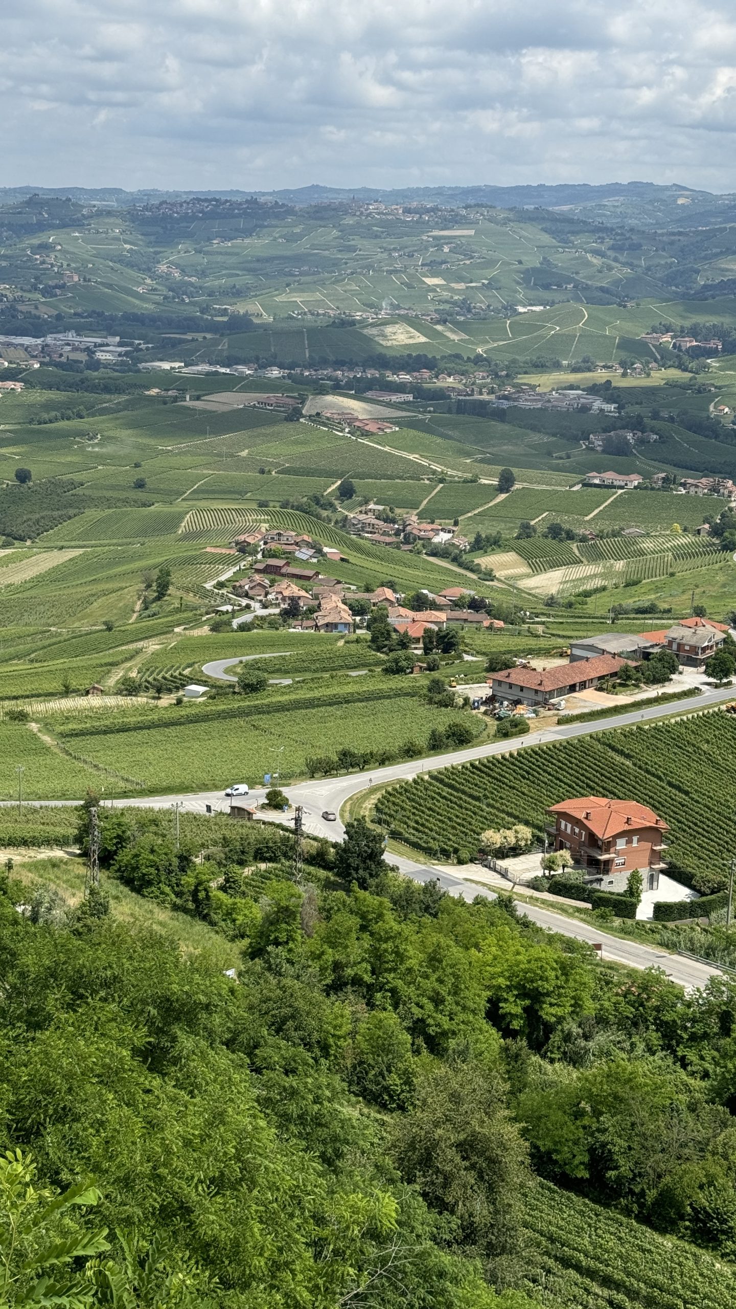 Wide view of vineyard covered hills, farms and villages across the Langhe in Piedmont.