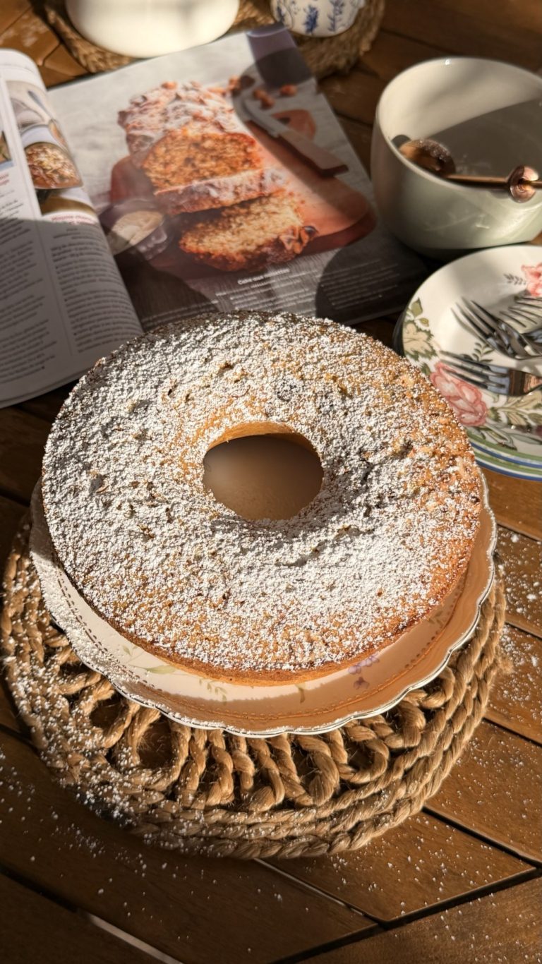 Finished Piedmont inspired hazelnut cake dusted with powdered sugar beside the open French magazine recipe.
