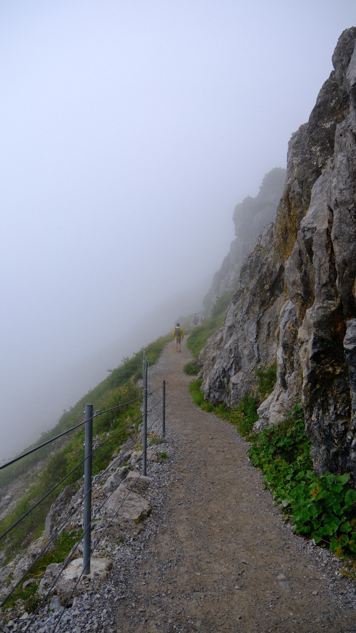 A narrow railed path passing beneath a wet cliff above Lünersee.