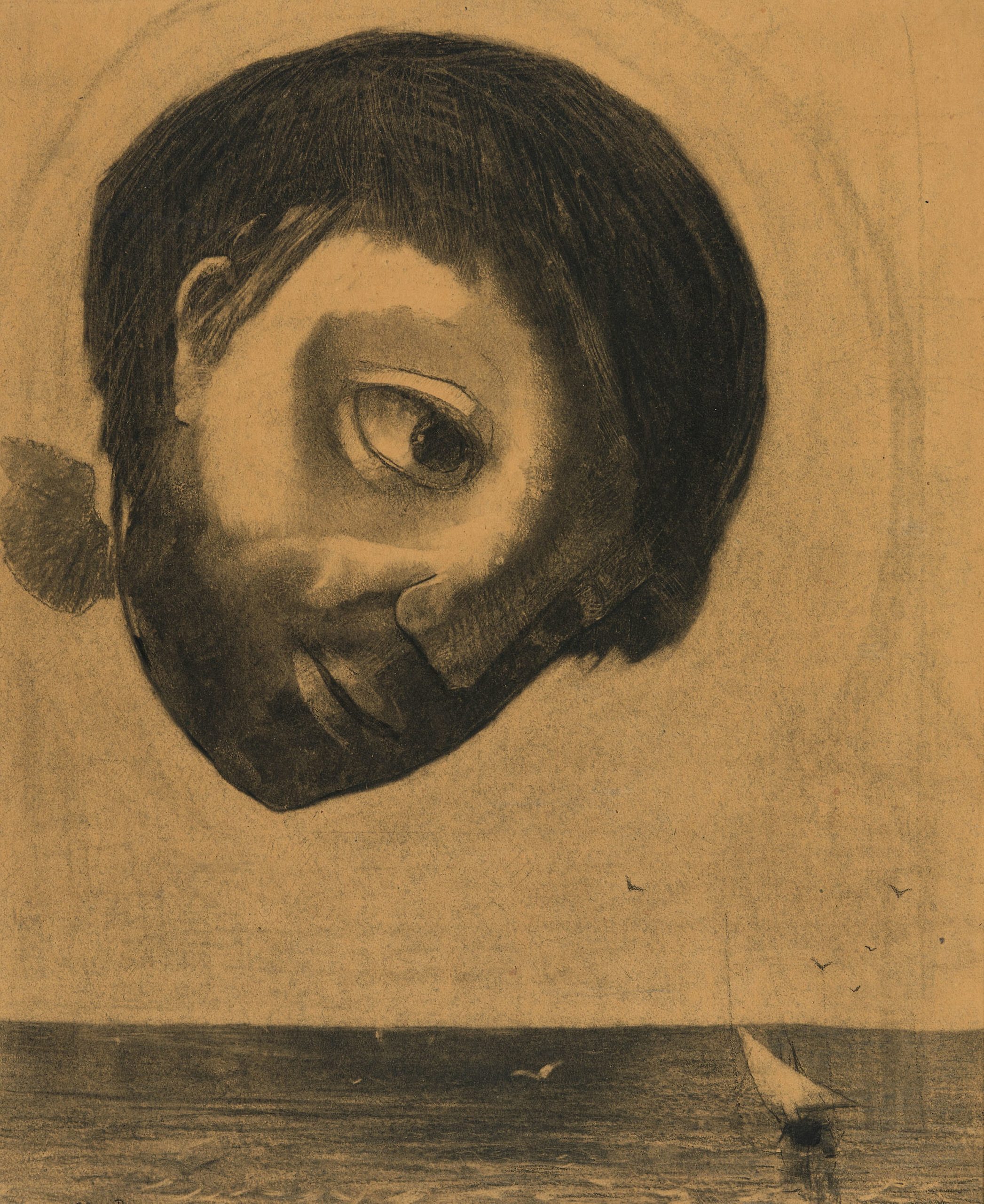 Odilon Redon's charcoal drawing of a large watchful spirit hovering above dark water and a small sailboat.