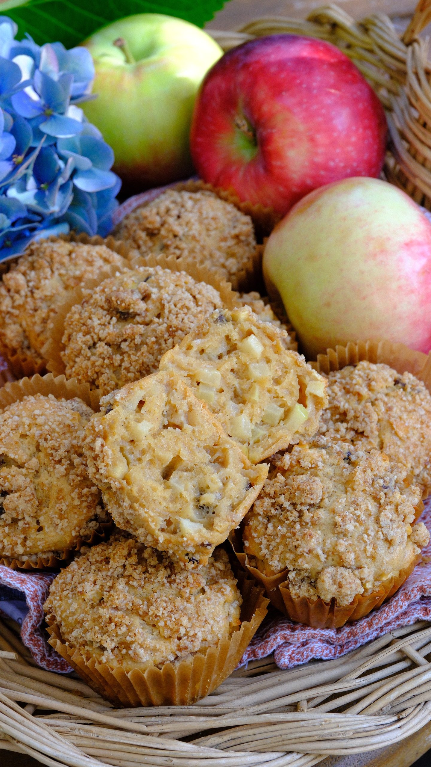 An opened apple cinnamon raisin muffin showing diced apples and raisins, surrounded by muffins and fresh apples