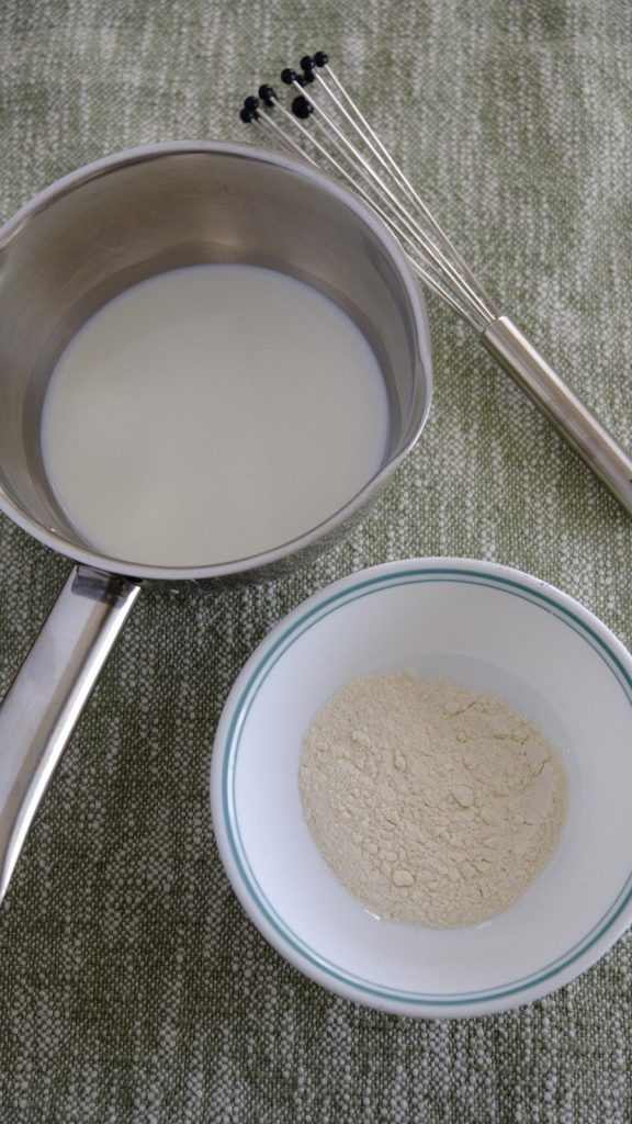 Bread flour and whole milk ready for making tangzhong in a small saucepan