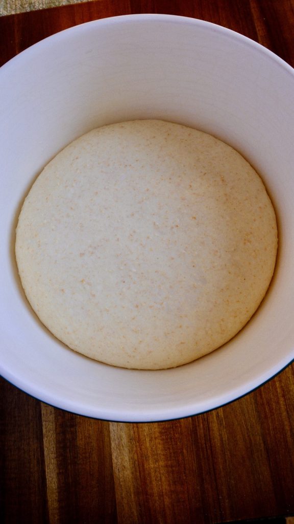 Whole wheat and oat bran dough expanded in a bowl after its first rise