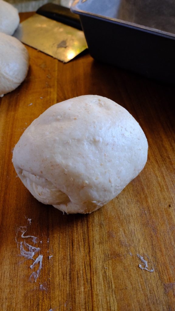 Smooth rounded portion of shaped dough ready for the loaf pan